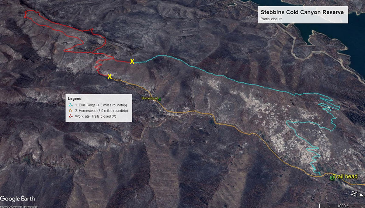 Map showing partial trial closures at Stebbins Cold Canyon.