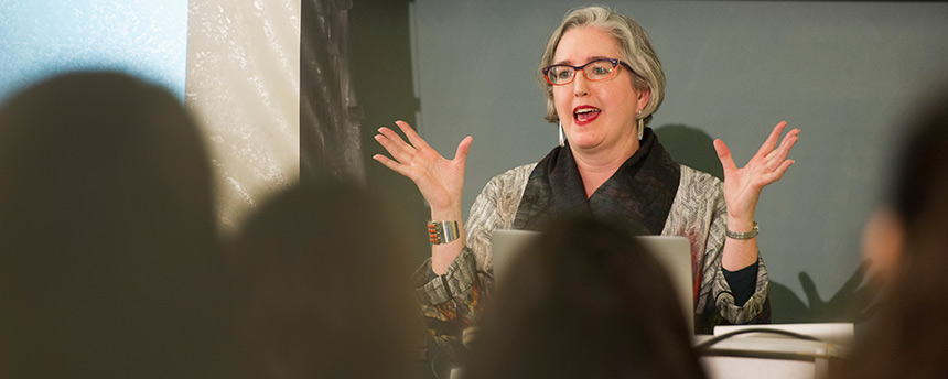 English Professor Frances Dolan talking in front of her class