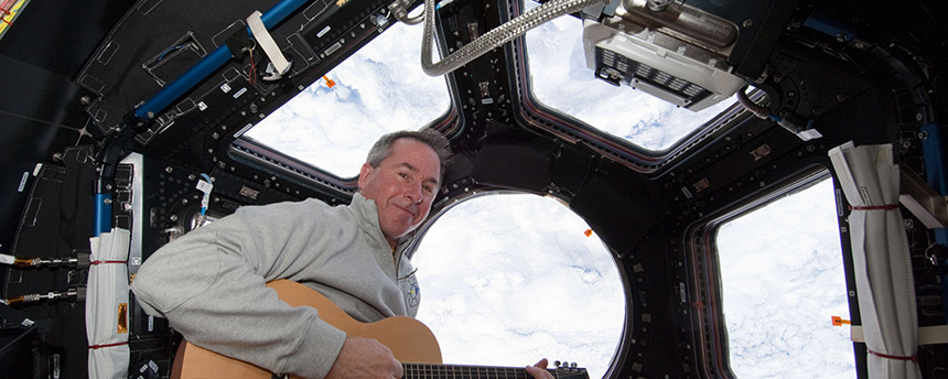 Astronaut Stephen Robinson in the space shuttle Endeavor