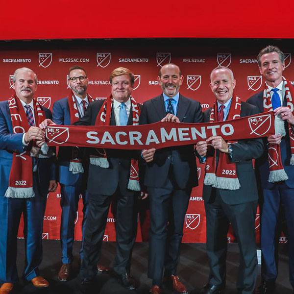 Left to right: Kevin Nagle, Sacramento Republic FC Chairman and CEO; Matt Alvarez, film producer and Republic FC part-owner; Ron Burkle, private equity investor and Republic FC part-owner; Don Garber, MLS commissioner; Sacramento Mayor Darrell Steinberg, J.D. ’84; Gov. Gavin Newsom