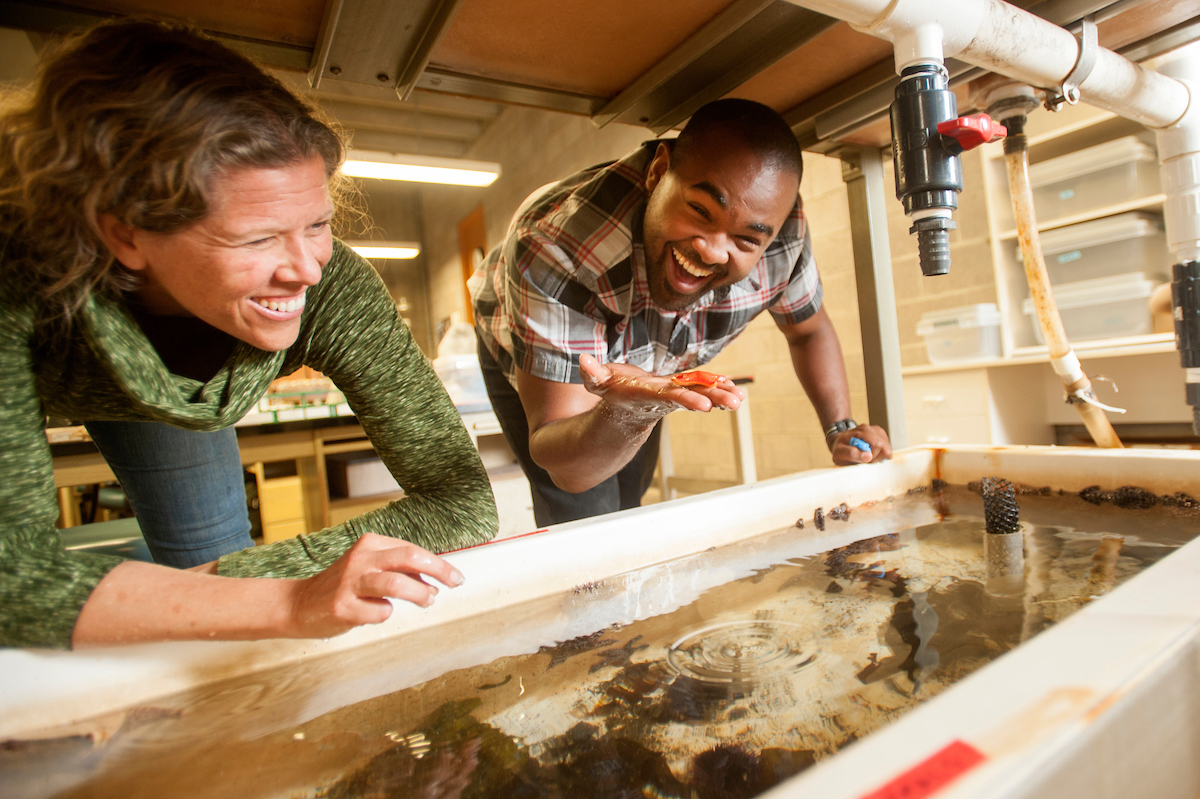 A student and professor smile over a tide pool at UC Davis. 