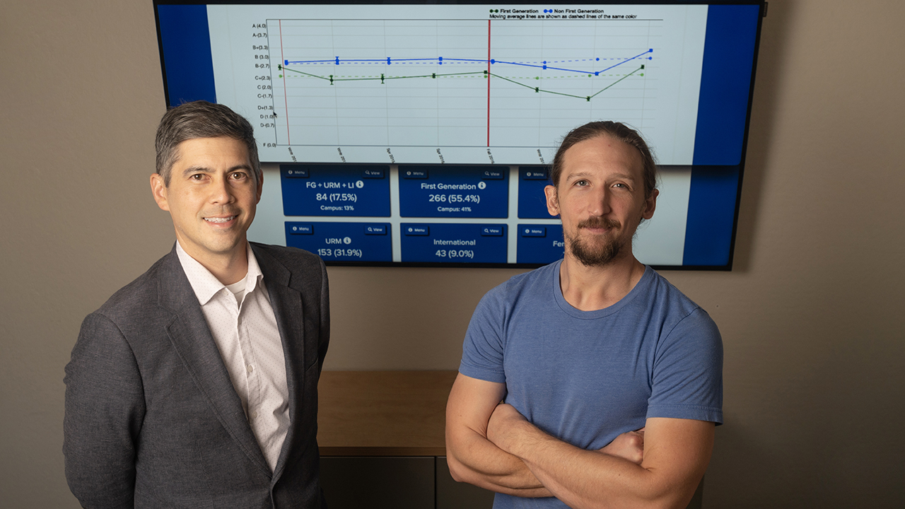 Kem Saichaie and Matt Steinwachs pose in front of a projection of the web app on a large screen