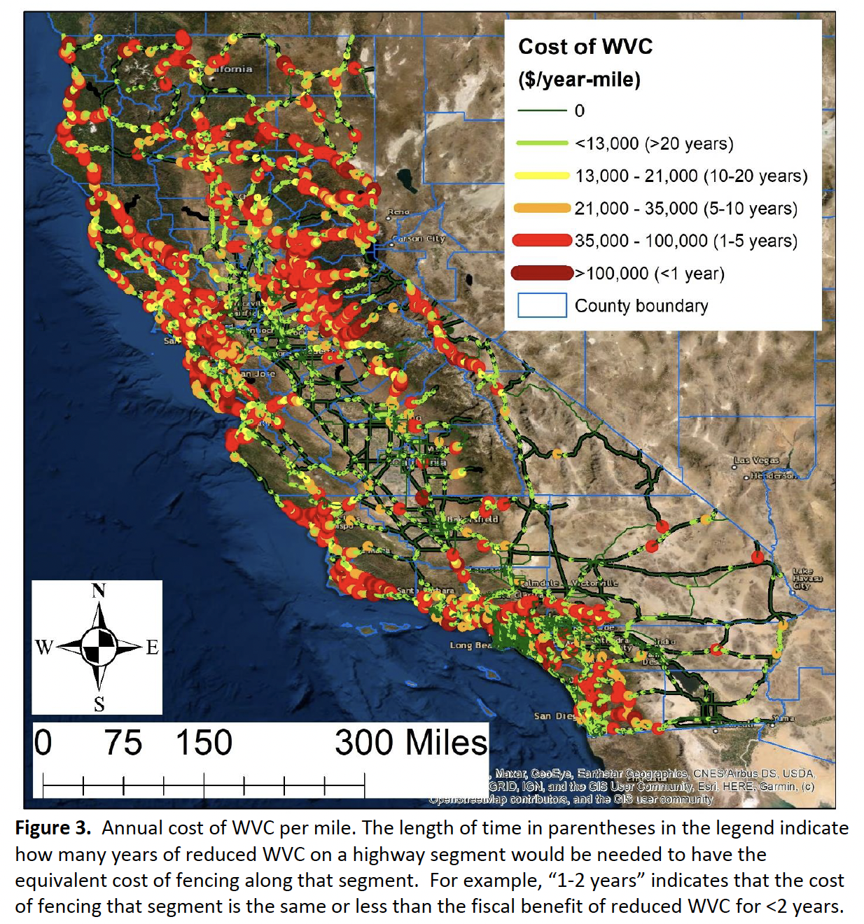 Map of California indicating the costs of wildlife-vehicle collisions on specific roads