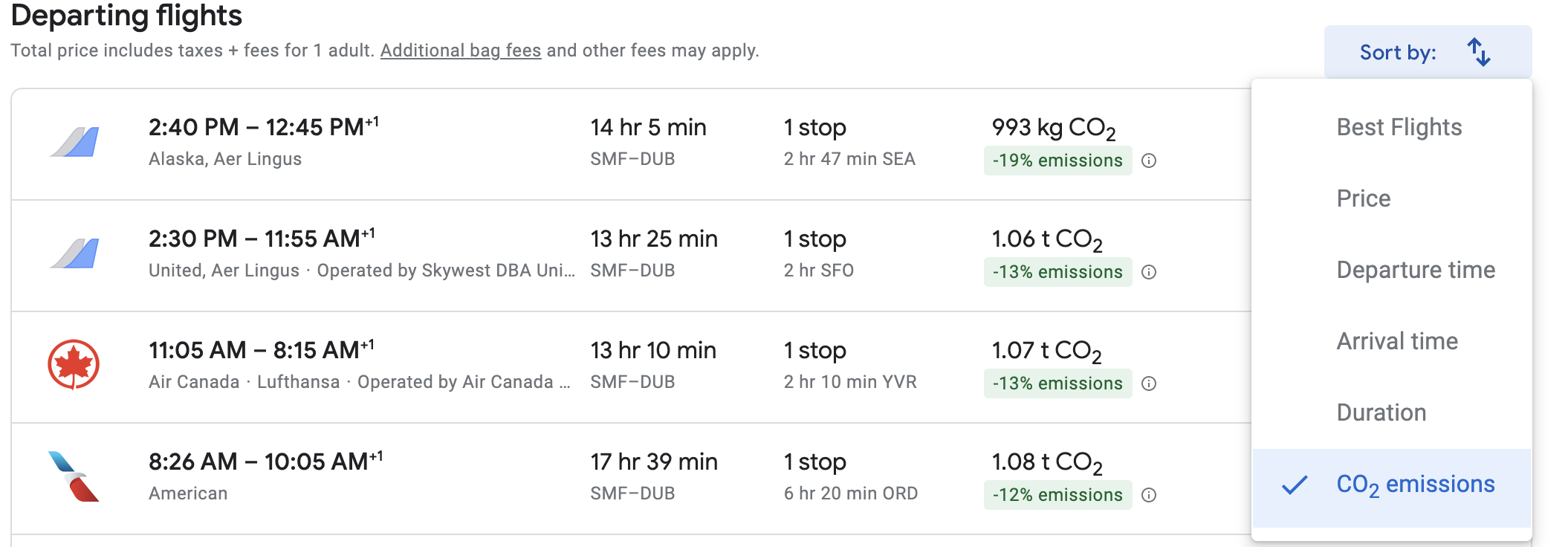 screen grab of Google Flight options for San Francisco to Ireland