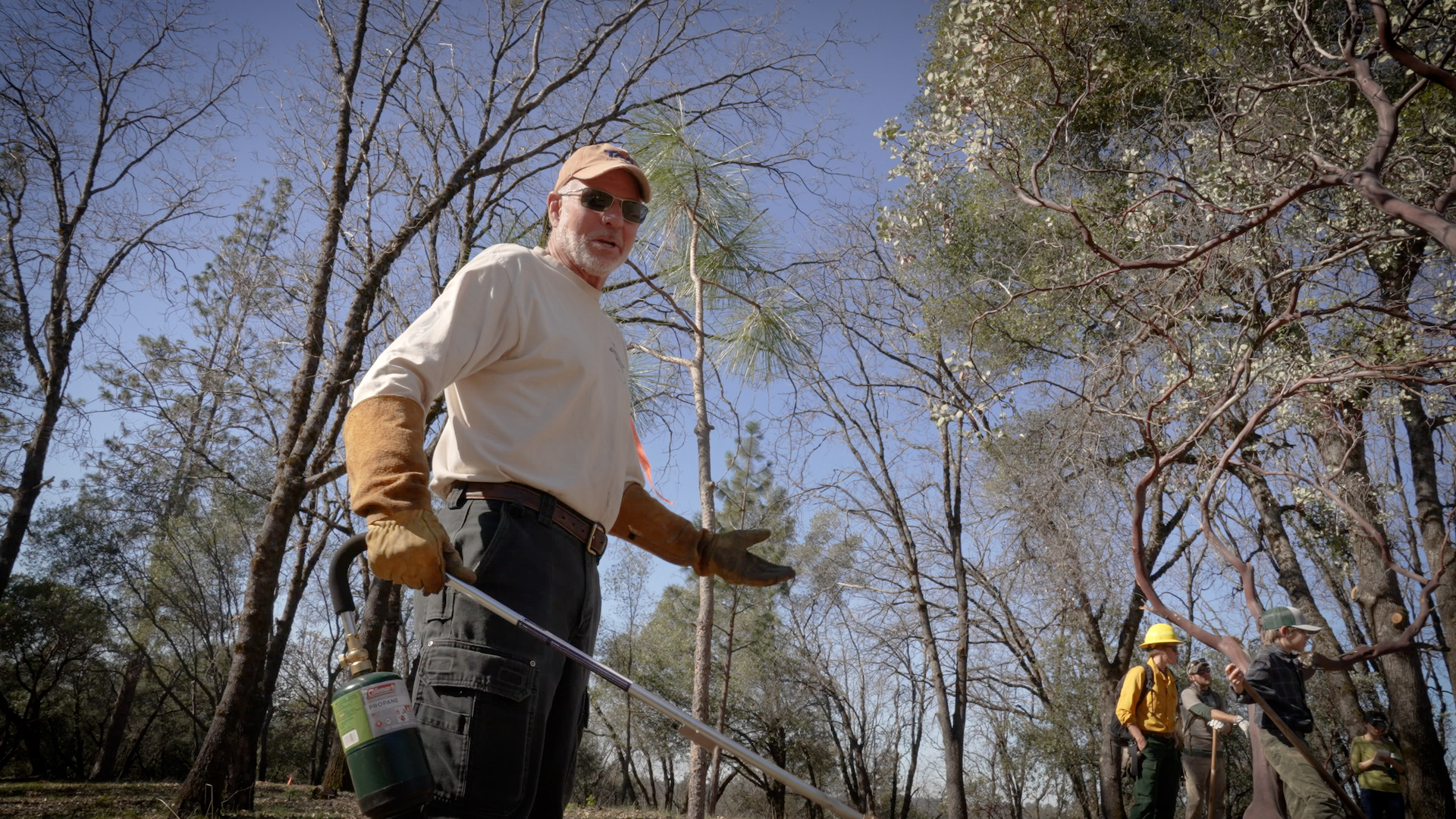 Man in white shirt and jeans with forest behind them during prescribed burn