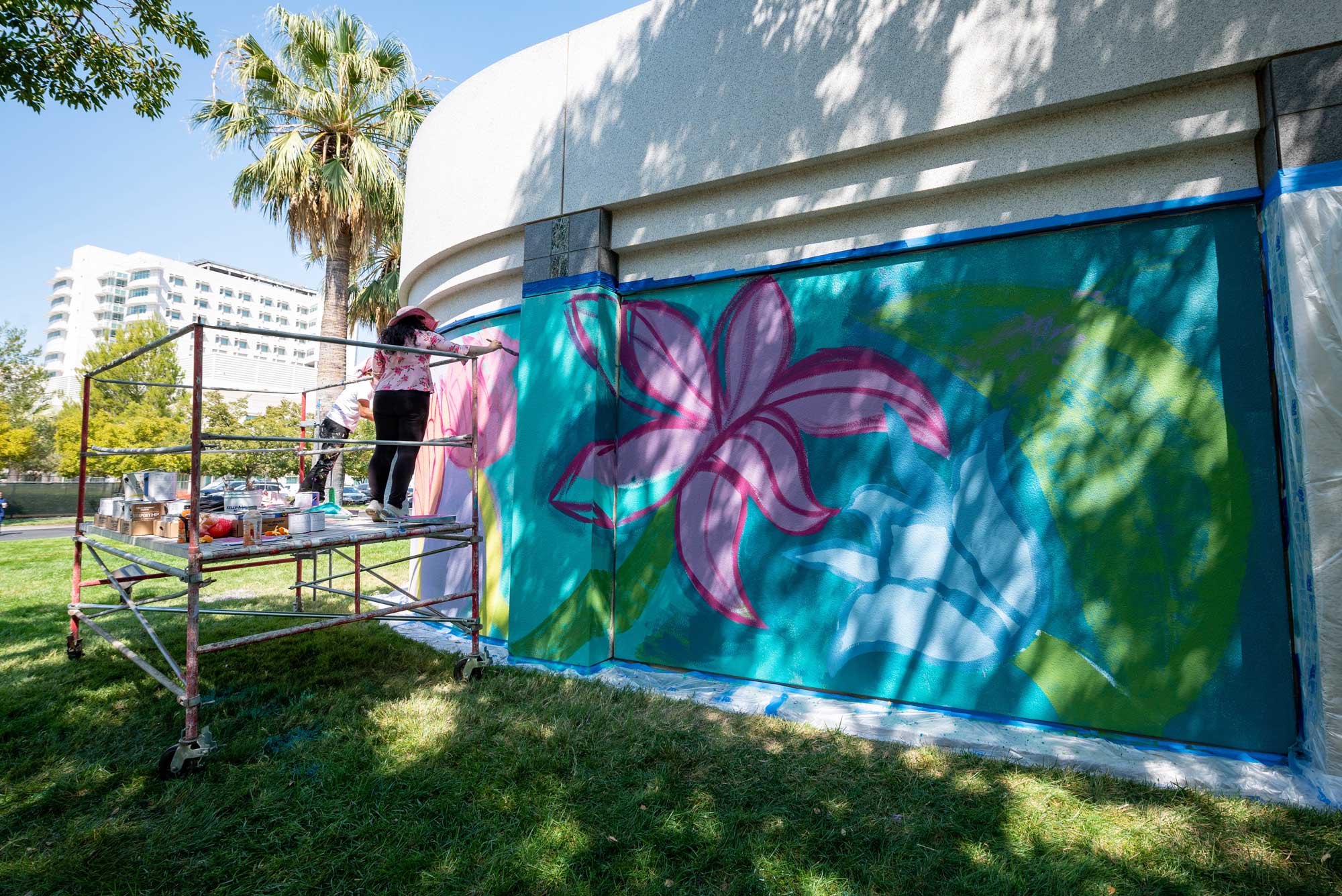 Mural on a wall shown from far back