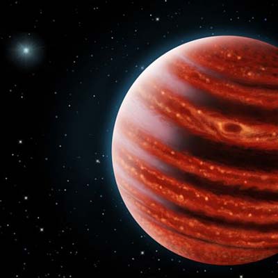 Graphic of a red striped planet and stars beyond