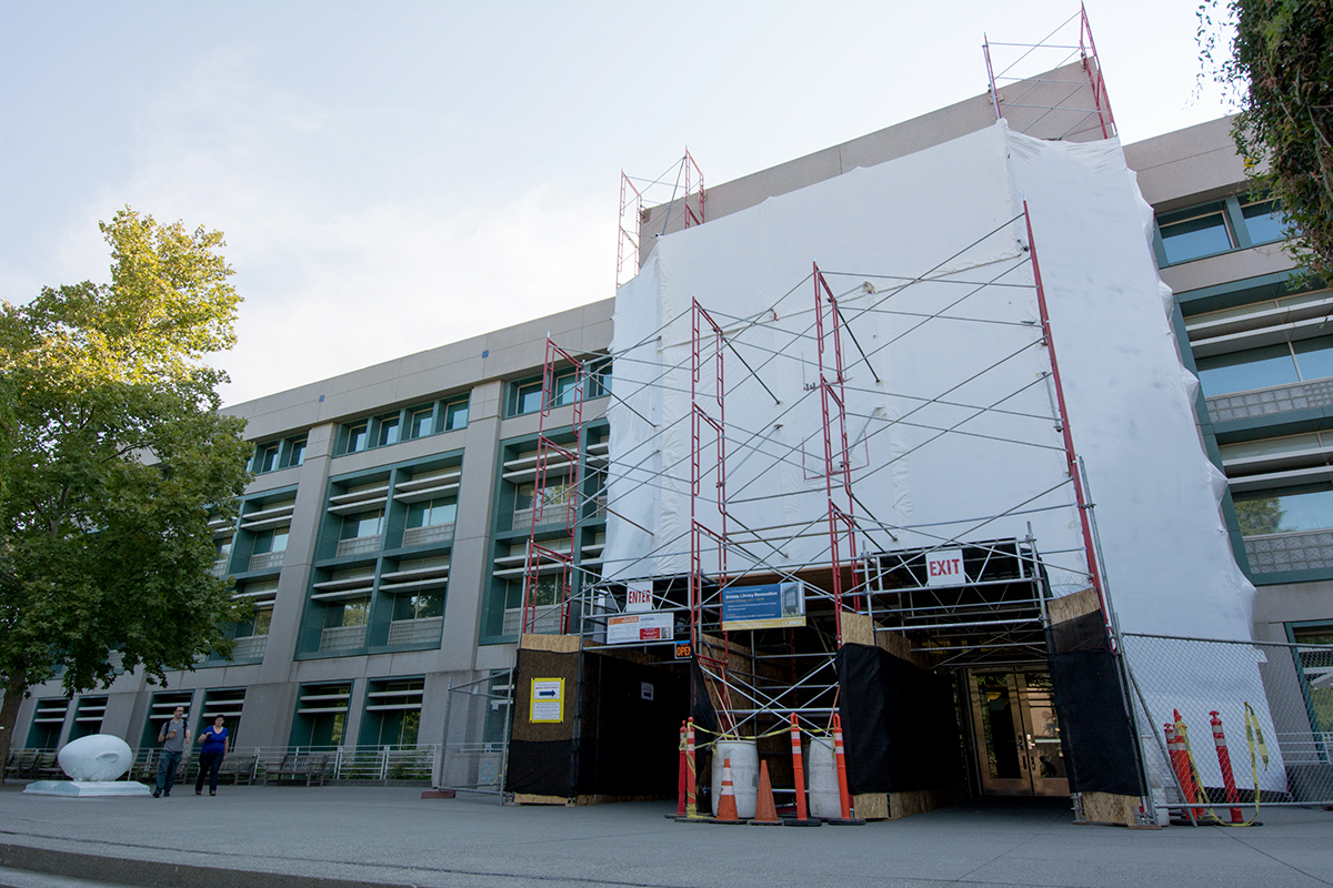 Shields Library covered for construction.