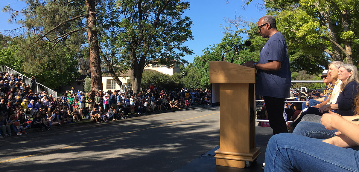 Gary S. May speaks at the start of the Picnic Day parade.