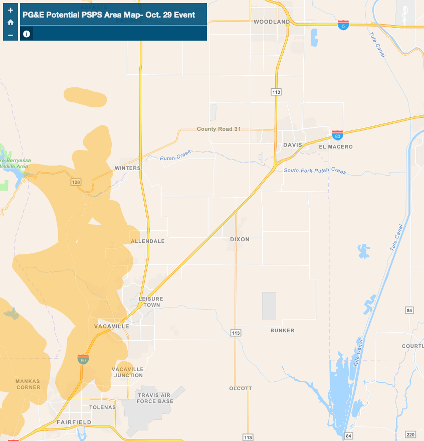 A map showing that UC Davis is not included in the Oct. 29 power shutoff zone.