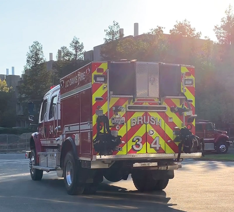 Brush Truck 34 leaving the UC Davis Fire station.