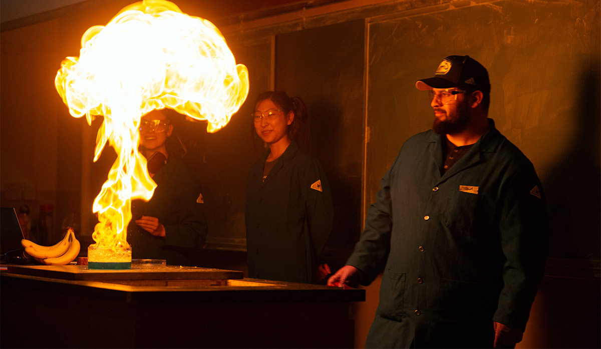 Fire blooms on a chemistry table