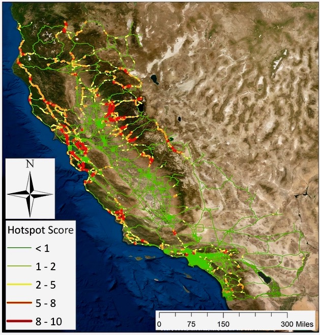 Roadkill hot spots in California map