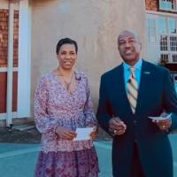 Chancellor May and LeShelle in front of the Silo at UC Davis