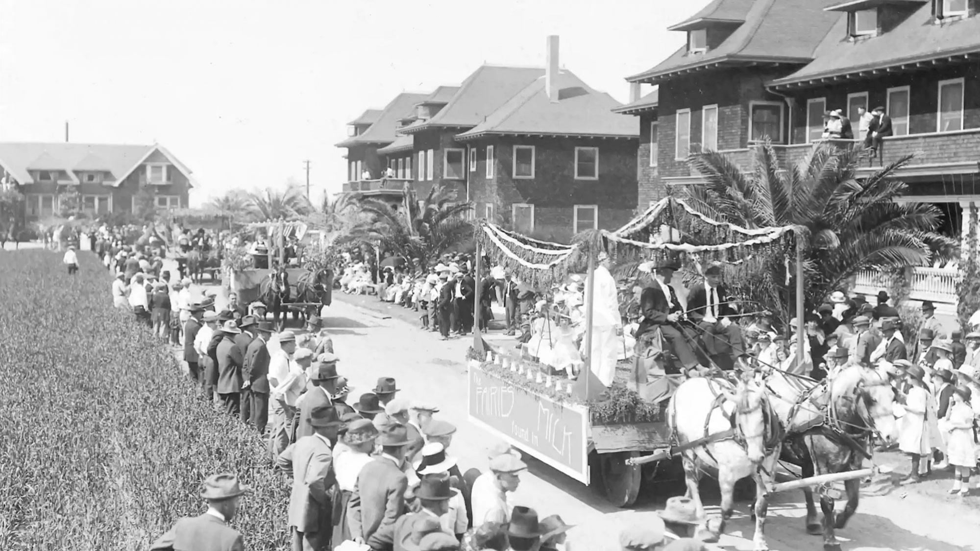 A scene of a UC Davis Picnic Day parade circa the turn of the 20th century