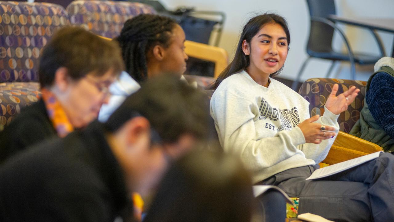 Savannah Pluma, a biological sciences major participates in a class discussion about women's human rights.   Joanna Regulska, Vice Provost & Associate Chancellor for Global Affairs leads a seminar class on the UN Sustainable Development Goals for the new Global Living Learning Community in Regan Hall on February 10, 2020.