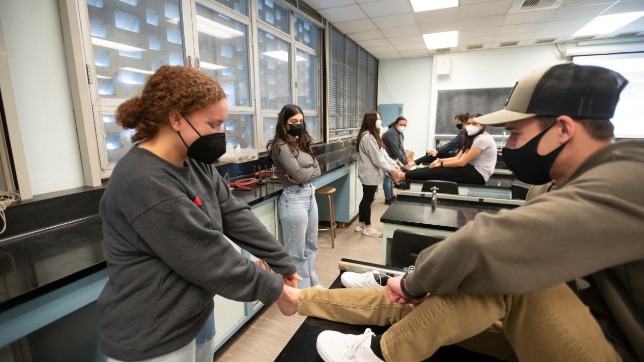 Two students look at how the ankle muscles work in a class exercise.