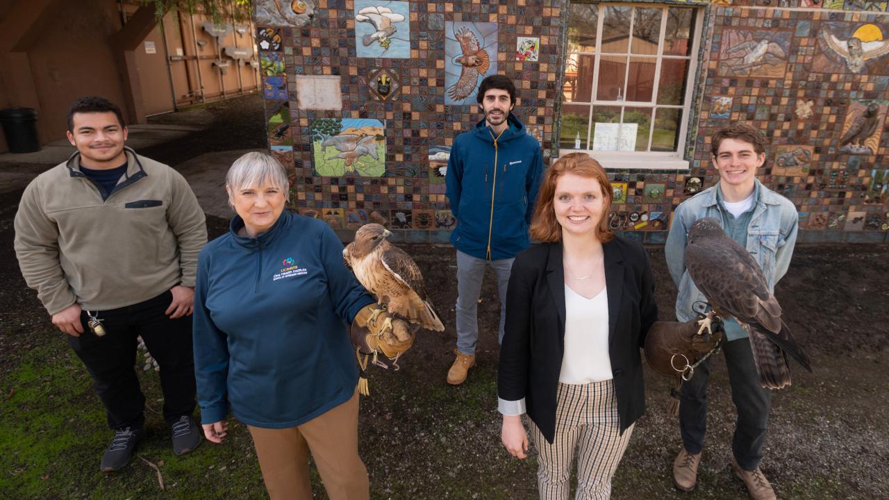 Five people stand outside looking up towards the camera. In the front row are two women, each with a hawk on their left hand. 