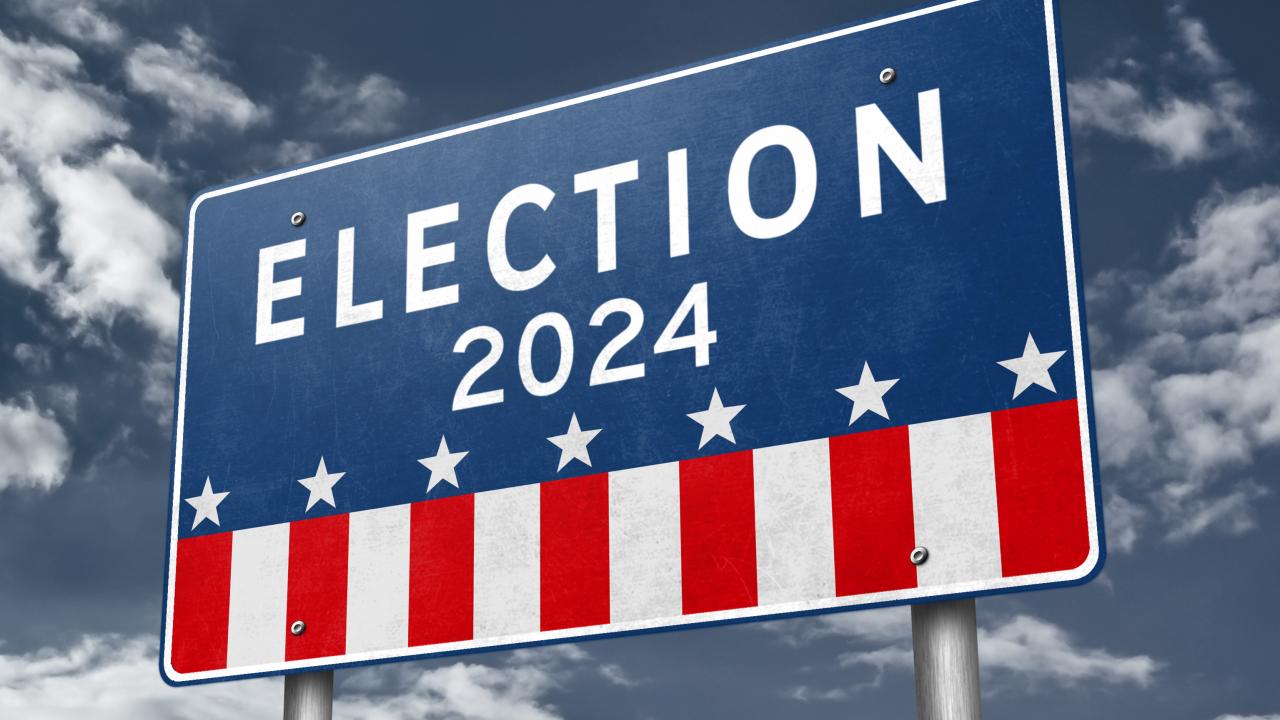 Red, white and blue sign that says "election" with blue sky behind 