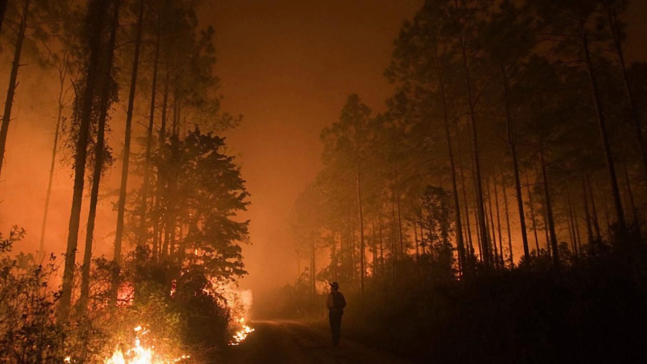 Firefighter seen in front of a blazing wildfire