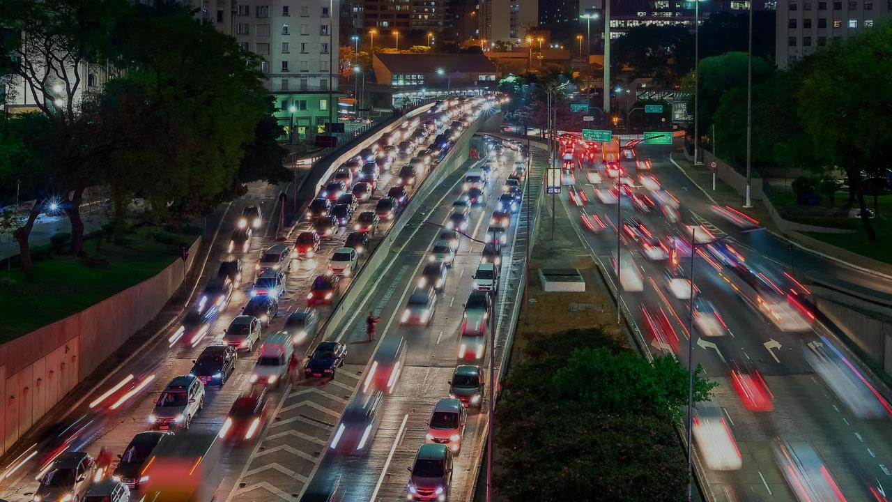 An aerial view of night time traffic through downtown LA