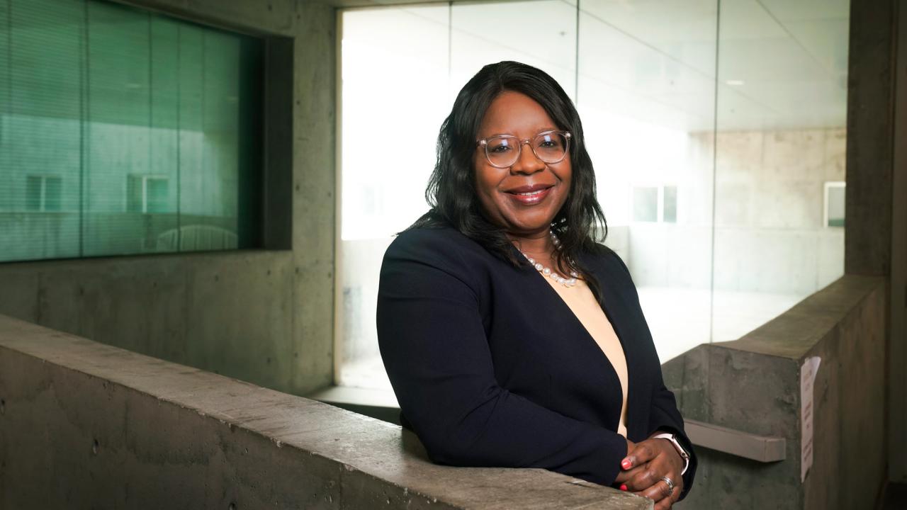 Estella Atekwana portrait, on deck of Social Sciences and Humanities Building