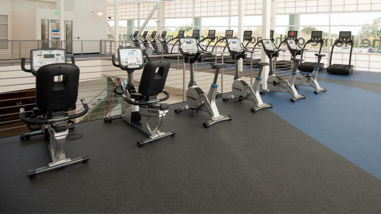 A row of exercise machines on the upper level of the UC Davis Activities and Recreation Center