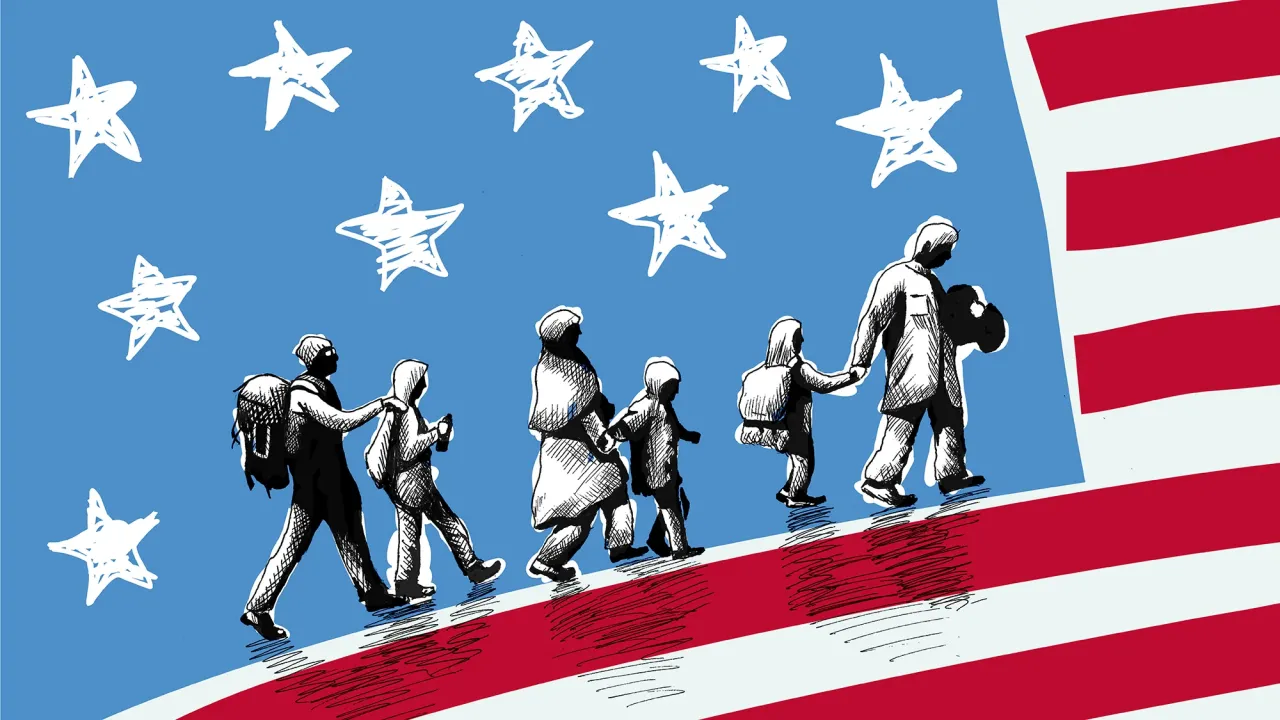 Illustration of a group of migrants walking across a landscape with American stars and stripes.