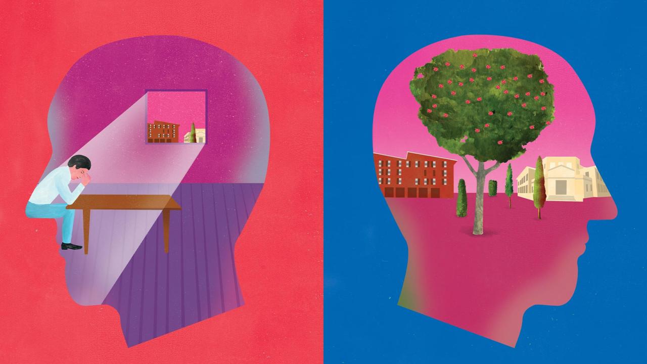 Illustration of two heads in profile, facing away from each other. Inside the head on the left is a man at a table, with his head in his hands, and sunlight streaming in through a window that shows part of campus. In the head on the right, the campus is shown.