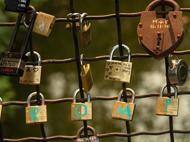 love-locks on the bridge over the Waterway in the UC Davis Arboretum