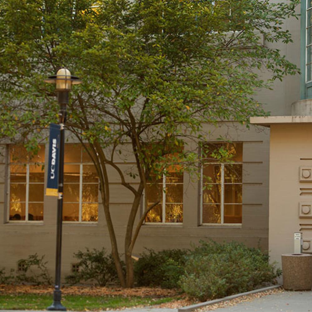 Two students stand outside the entrance to the UC Davis LIbrary's 24-Hour Study Room