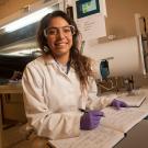 Maia Yellowhorse, a pharmaceutical chemistry major, in Lisa Miller's lab