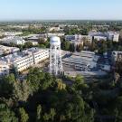 An overhead shot of the campus featuring the water tower