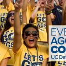 Atheltics event cheering section in "Every Aggie Counts" graphic.