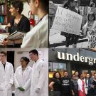 Four photos: doctor talks to patients, children protest with Spanish-language signs, group poses in front of bookstore, students