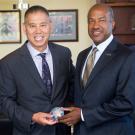 UC Davis Police Chief Joe Farrow poses for a photo after being sworn in by UC Davis Chancellor Gary S. May.