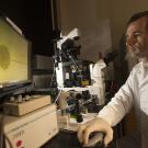 Pablo Ross looking at a microscope.