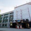 Shields Library covered during construction.