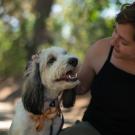 Woman sits beside her dog 