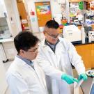 Two men wearing white lab coats in a laboratory setting. One is pointing to a plastic plate. 