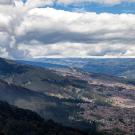 Beautiful Andes mountains in blue hue and surrounding valley.