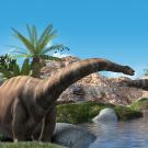 Rendering of two dinosaurs at a water hole. 