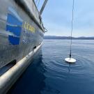 White secchi disc hanging from cord off research vessel labeled UC Davis Tahoe Environmental Research Center hovers over surface of blue Lake Tahoe