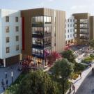 Segundo Infill Project rendering shows white and beige 5-story buildings surrounded y sidewalks and trees