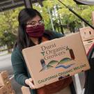 Woman loads box of food into the back of an SUV