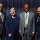 3 UC presidents and a chancellor, posing, in a line