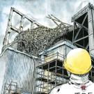 Comic shot of person with hard hat looking at building