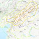 Topographical map of the border between Turkey and Syria, showing lines where earthquake impacts were felt.