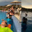 Two photos showing people watching the eclipse from a pool.