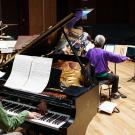 Musical ensemble on wooden stage